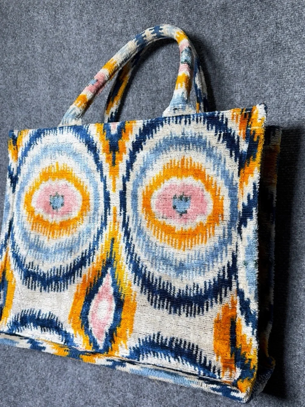 Ikat-Pattern Tote Bag in Blue, Yellow & Pink